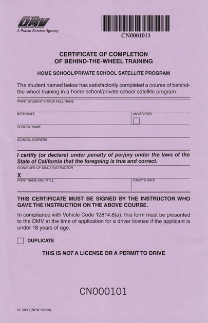 Education Certificate: Driver Education Certificate California