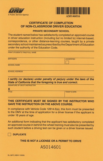 California Home Study Driver Education Course DMV Certificates of